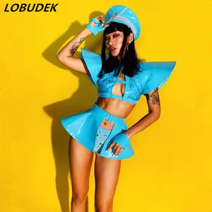 (Шляпа + топы + шорты + пояс + перчатки) Женский комплект бикини с синими кристаллами сексуальные сценические наряды DJ певицы ведущий танцор Джаз танцевальный костюм