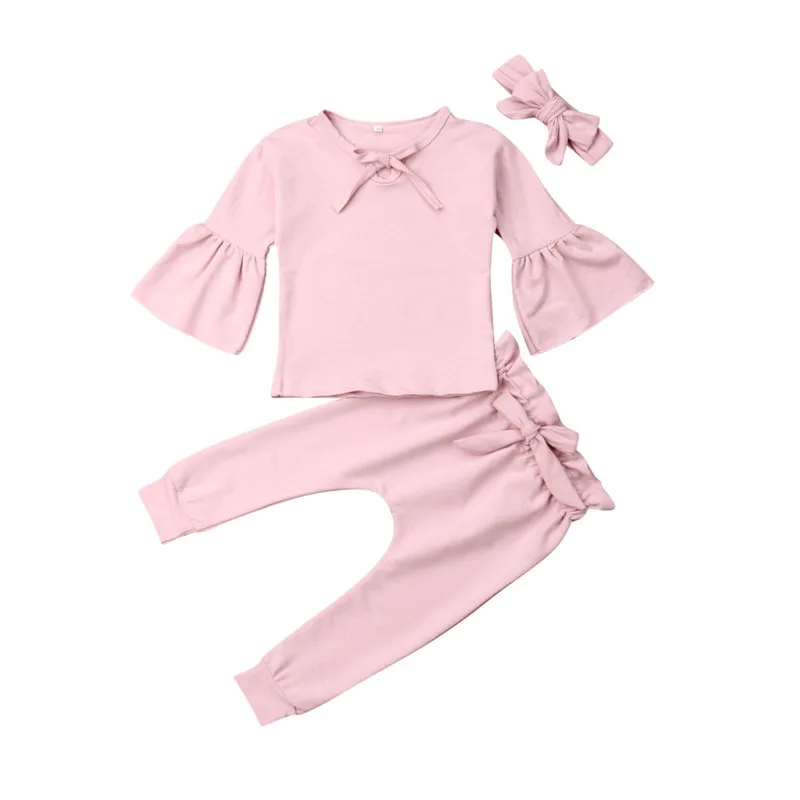 

PUDCOCO New Kids Baby Toddler Girl Sets Cotton Outfit Long Flare Sleeve Tops Tee Straight Pants Headband Clothes Set 1-6T