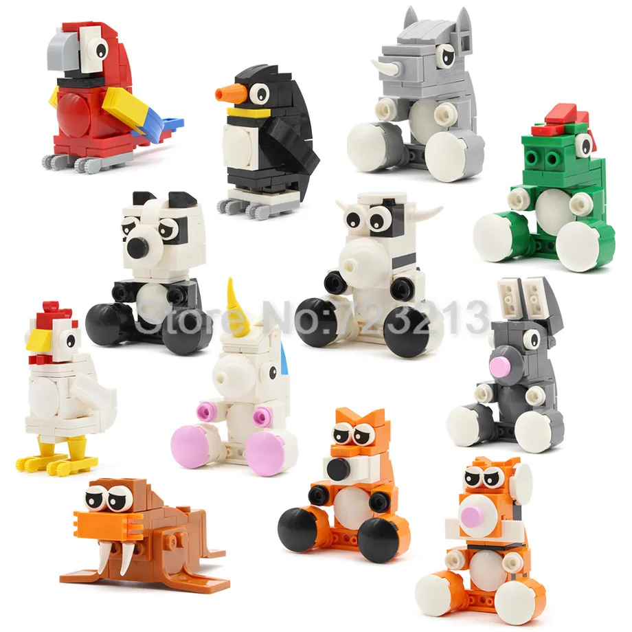 12 шт./лот животные тигр панда единорог курица MOC rhocero корова пингвин модель
