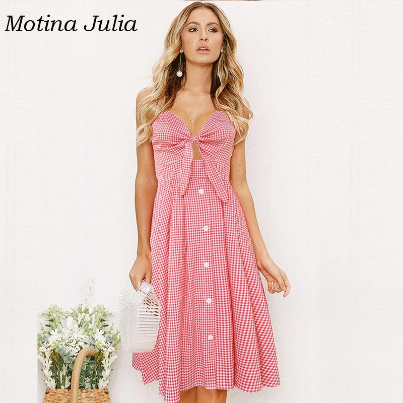 Motina Julia пикантные vintag клетчатый сарафан для женщин Кнопка Лук миди платье boho
