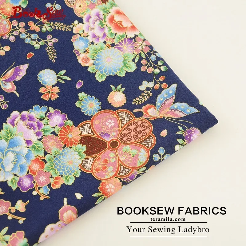 Хлопковая льняная ткань Booksew с бабочками и цветами Золотая фольга темно синяя для
