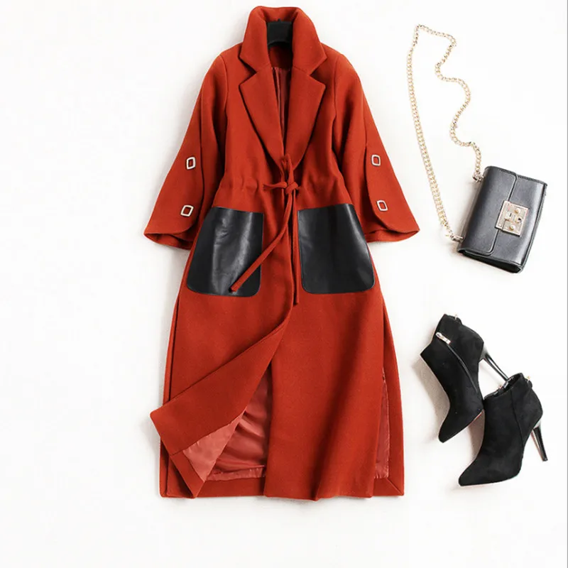 European New Style Elegant Woolen Coat Women Half Sleeve jacket Fashion Winter 2017 Ladies Slim PU Pocket Spliced Outwear coat |