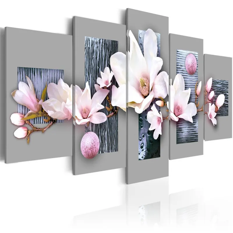 Q8798 Modular Painting Home Decor Living Room 5 Pieces Flowers Orchids Pictures Prints Elegant Magnolia Canvas Poster Wall Art Framed - Color: Q8798