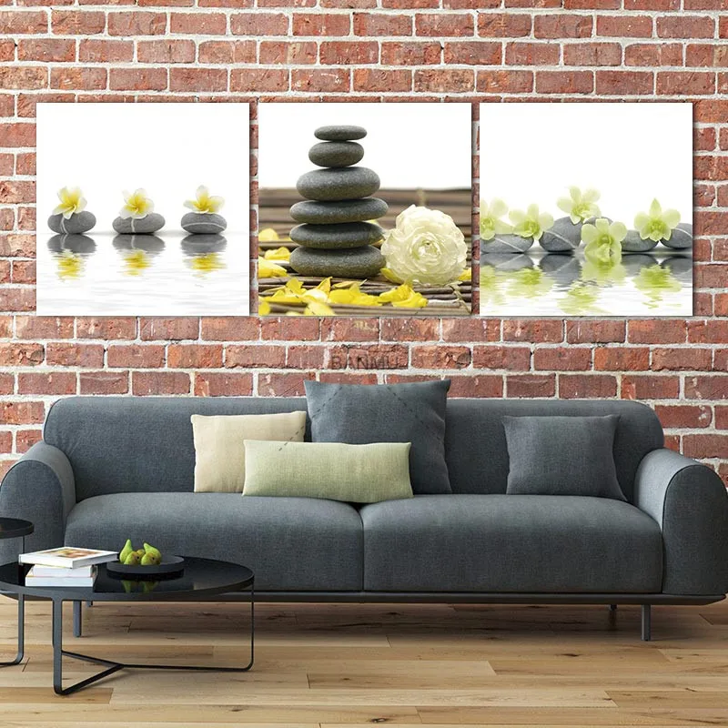 Pictures Prints on Canvas Wall Artwork 3 Pieces Yellow Flowers with Black Stone Modern Giclee Spa Zen Walls Art Work for Decor | Дом и сад