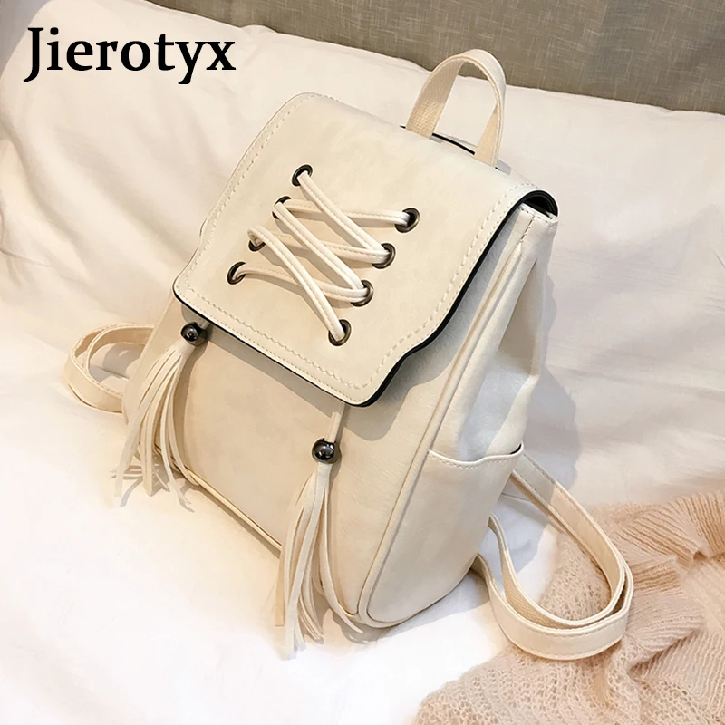 Модный женский рюкзак JIEROTYX черный кожаный с кисточками школьный для девочек
