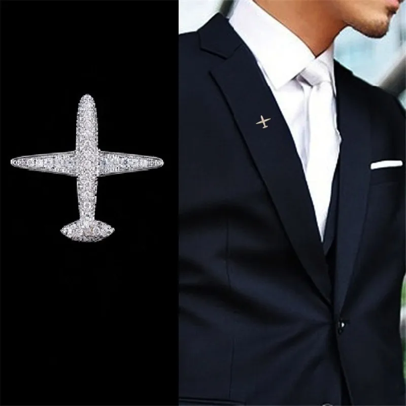 

High quality Sparkling Zircon Aircraft Airplane Man Suit Brooch Pins Brooches Man Party Plug-in Brooch Jewelry Men Pin New 2019