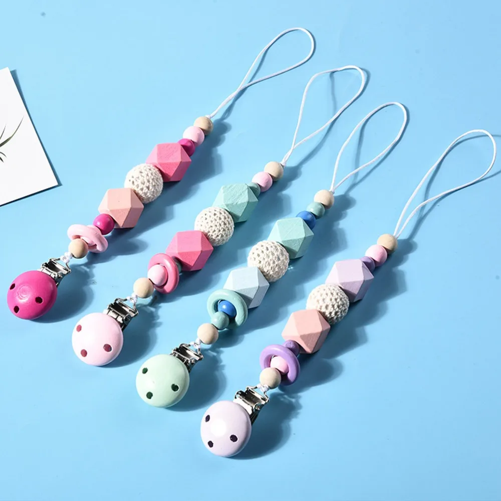 5Pcs Natural Wood Candy Color Pacifier Clip Chain Holder Woven Beaded and Round Chew Toy | Мать и ребенок