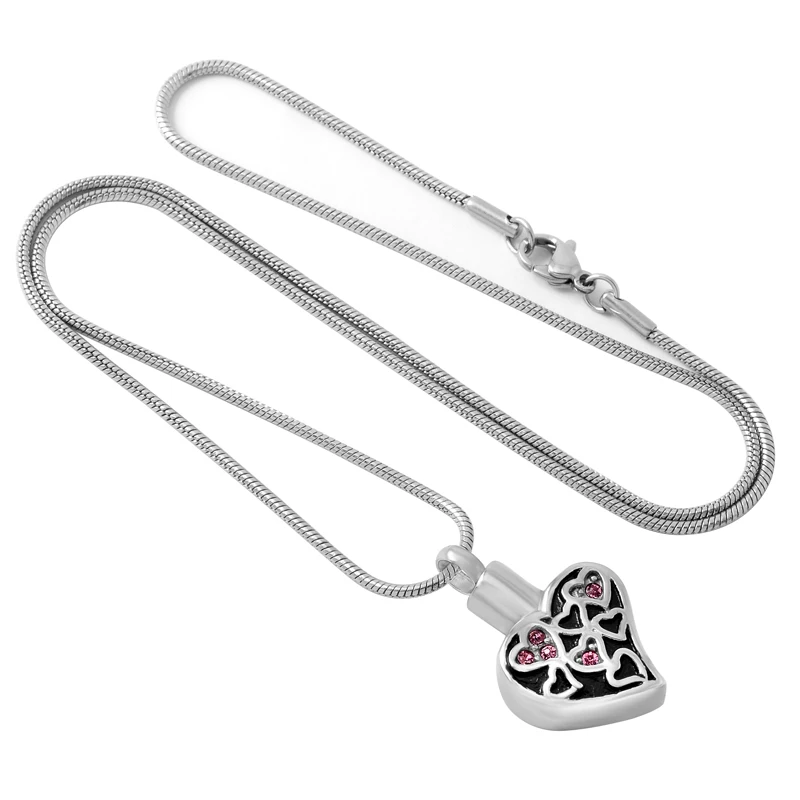 IJD9506 Pink Crystal Heart For Ashes Holder Crematio Pendant Keepsake Necklace Pet/Human Memorial Jewelry 20'' Snake Chain |