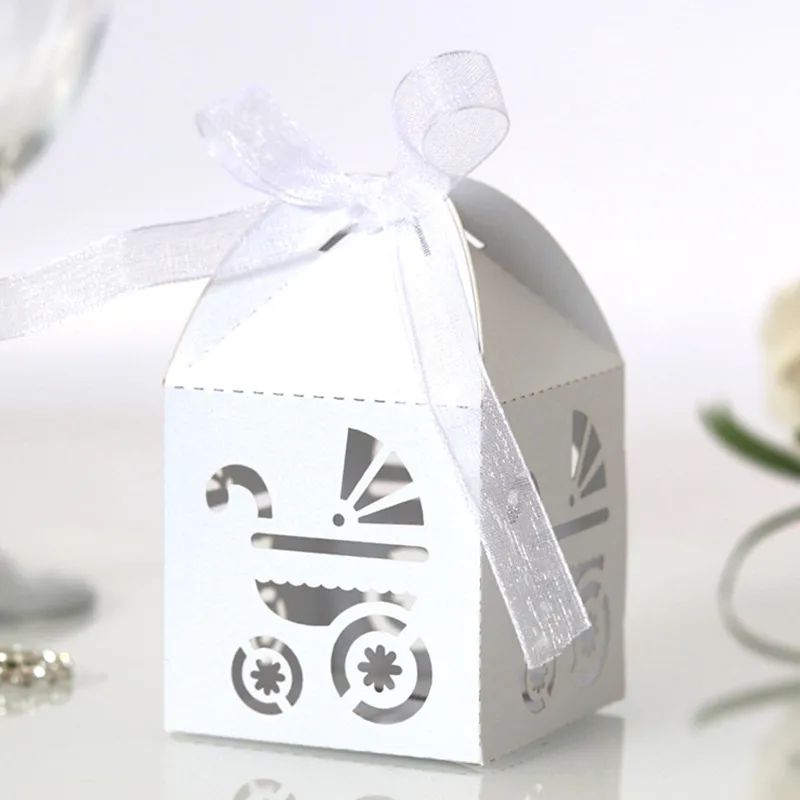 10 шт. Baby Shower Лазерная резка полые перевозки коробка для конфет с лентой День