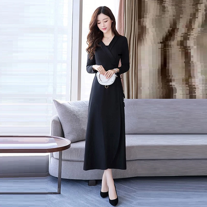 

Women Elegant V-Neck Autumn Winter Dress Slim Waist Long Sleeve Solid Long Maxi Dress Ladies Office Work Fashion Vestidos