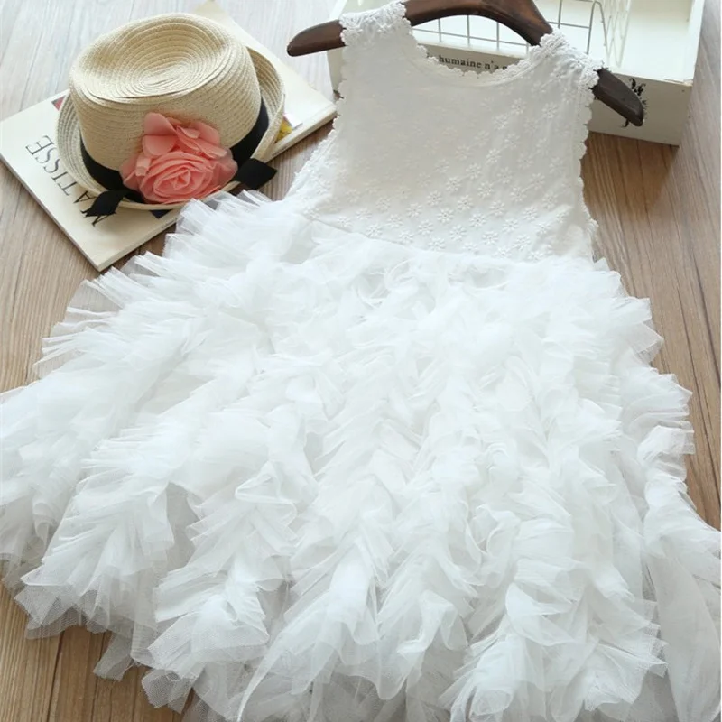 Feathers Ball Gown Girls Dress Kids Princess Birthday Party Tutu Lace Flowers Sleeveless Dresses Baptism Vestido | Детская одежда и