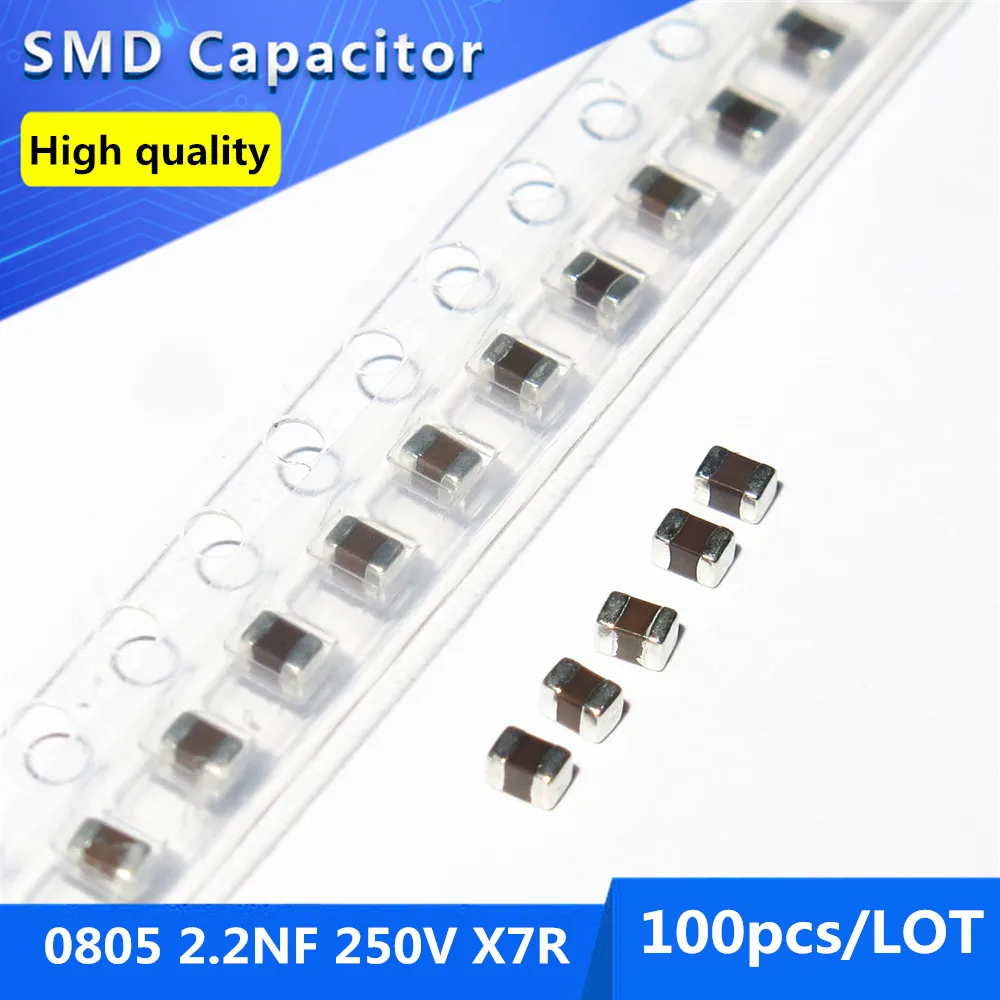 

100pcs 0805 2.2NF 2200PF 250V X7R 10% Thick Film Chip Multilayer Ceramic Capacitor