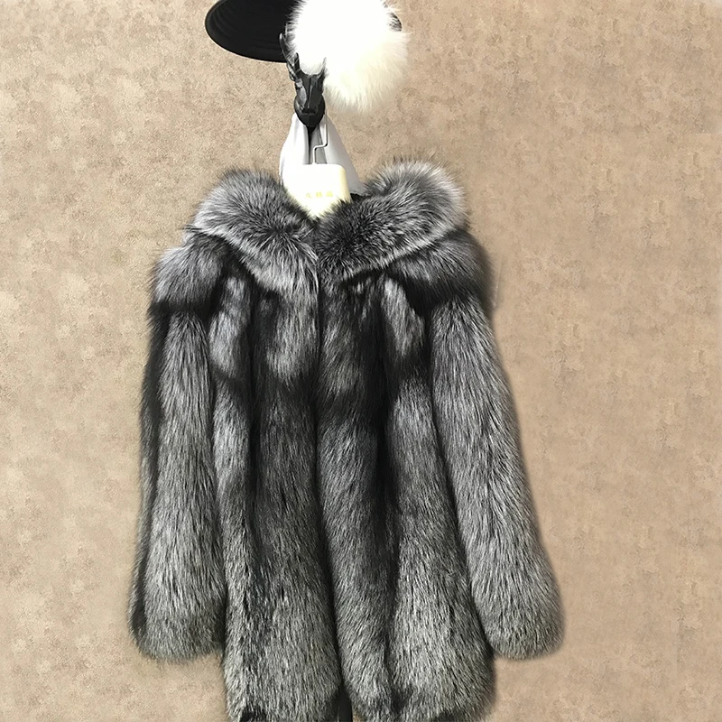 BFFUR silver real fox fur coat Casual Whole Skin O-Neck Thick Warm Luxury women's winter jacket with natural fur hooded coat