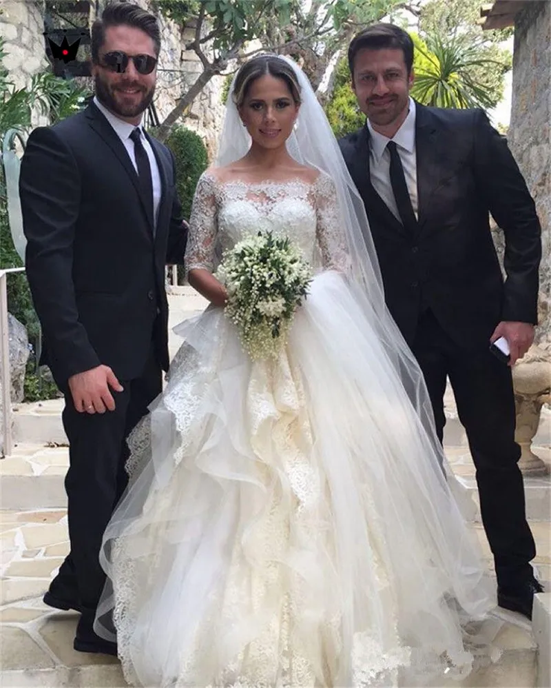 New Beautiful Lace Wedding Dresses Half Sleeve Chapel Train Vintage Gown Button Back Boat Neck | Свадьбы и торжества