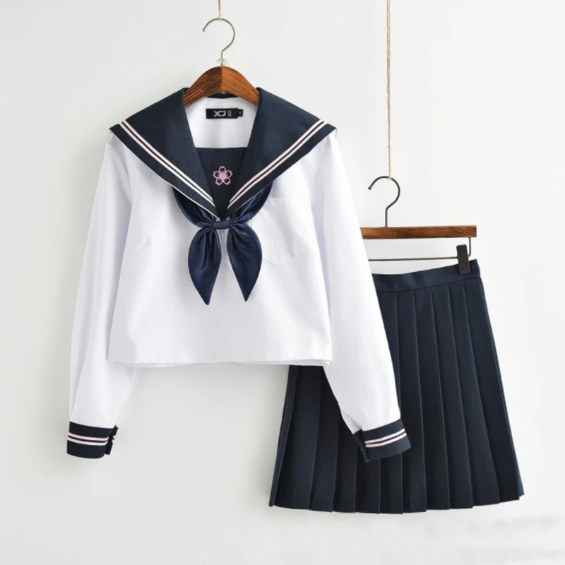 

New White Japanese JK Sets School Uniform Girls Sakura Spring Autumn High School Women Novelty Sailor Suits Uniforms Tie XXL