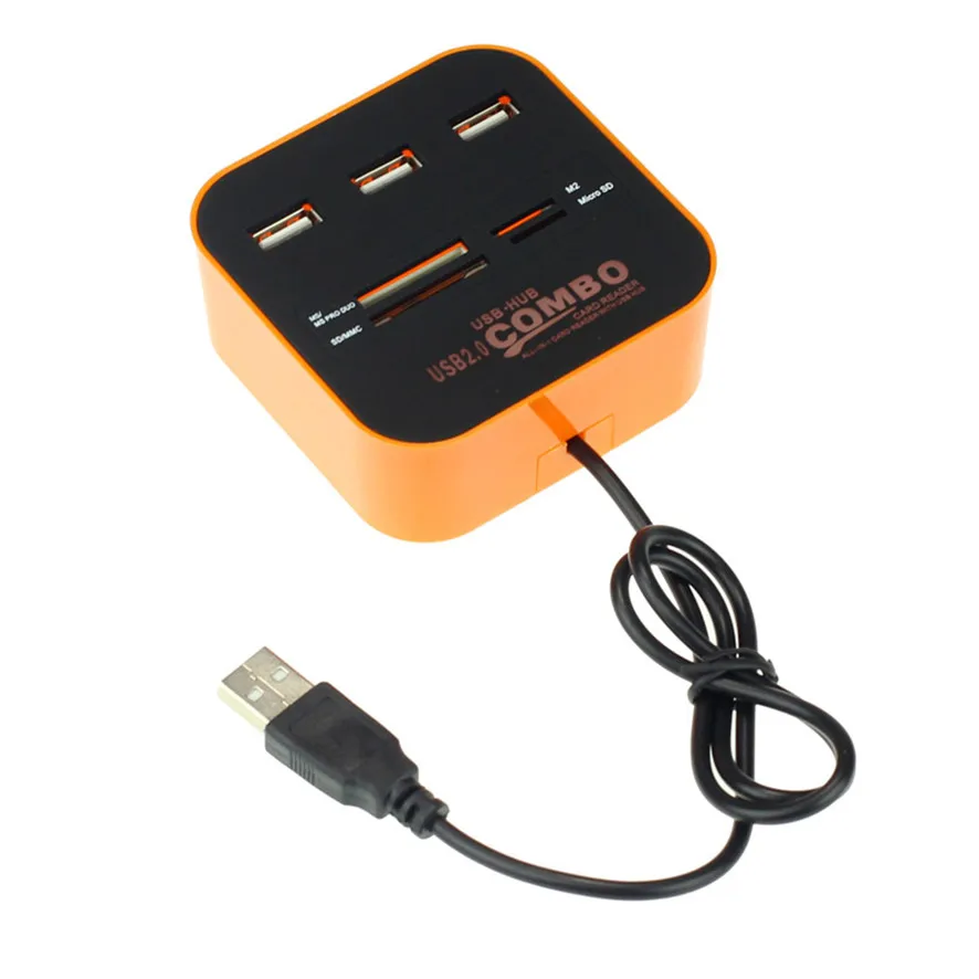 Лучшая цена Новый 3 портовый концентратор + USB 2 0 устройство для чтения карт памяти