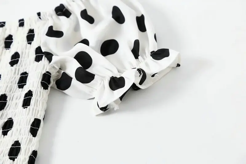 

Summer new women French word collar puff sleeves polka dot stretch short strapless top