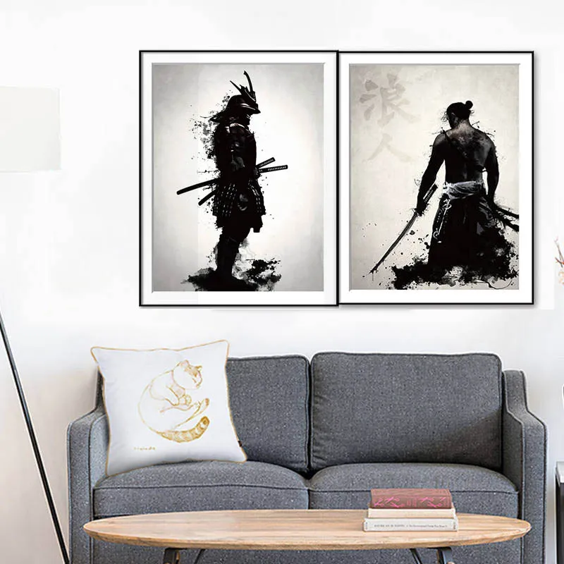Без рамок черно белые японские воины масляной живописи на холсте печатные