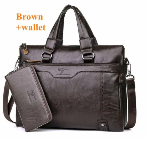 brown with wallet Мужской деловой кожаный портфель-сумка на плечо для ноутбука 1", мужской портфель через плечо, сумки для мужчин, сумки-мессенджеры - Цвет: brown with wallet