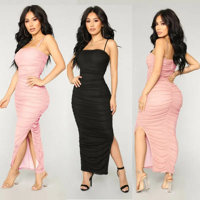 

Women Spaghetti Strap Bodycon Club Evening Party Draped Casual Slit Midi Dress