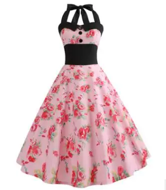 HGFS Summer Dress 2019 Robe Vintage Pin Up Women Floral Print Halter Big Swing 1950s 60s Retro Rockabilly Party Dresses | Женская одежда