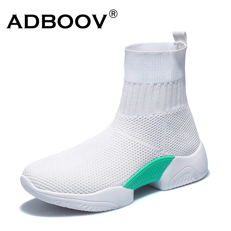 ADBOOV/белые кроссовки; женская обувь с круглым носком и высоким берцем; обувь для папы на массивном каблуке; вязаные ботильоны; дышащая повседневная обувь без застежки на плоской подошве