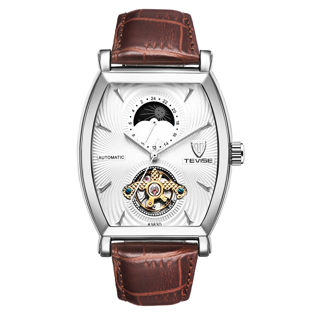 TEVISE водонепроницаемые автоматические 8383D механические мужские часы Moon Phase из