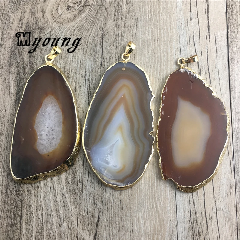 Большая Коричневая подвеска в полоску из кварца позолоченная с гальваническими