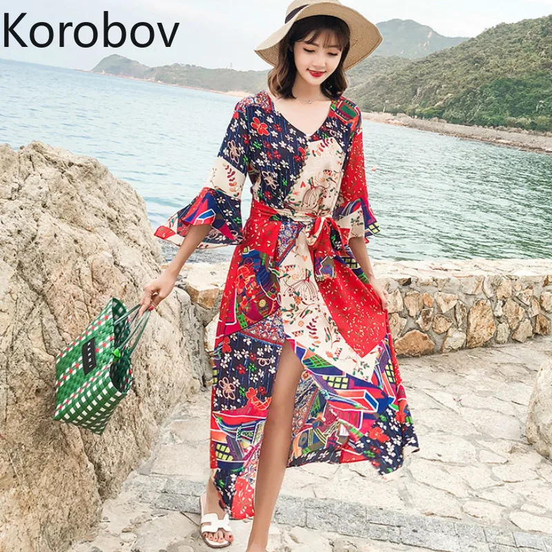 Korobov S 3XL размера плюс богемное шифоновое платье для женщин с расклешенным рукавом