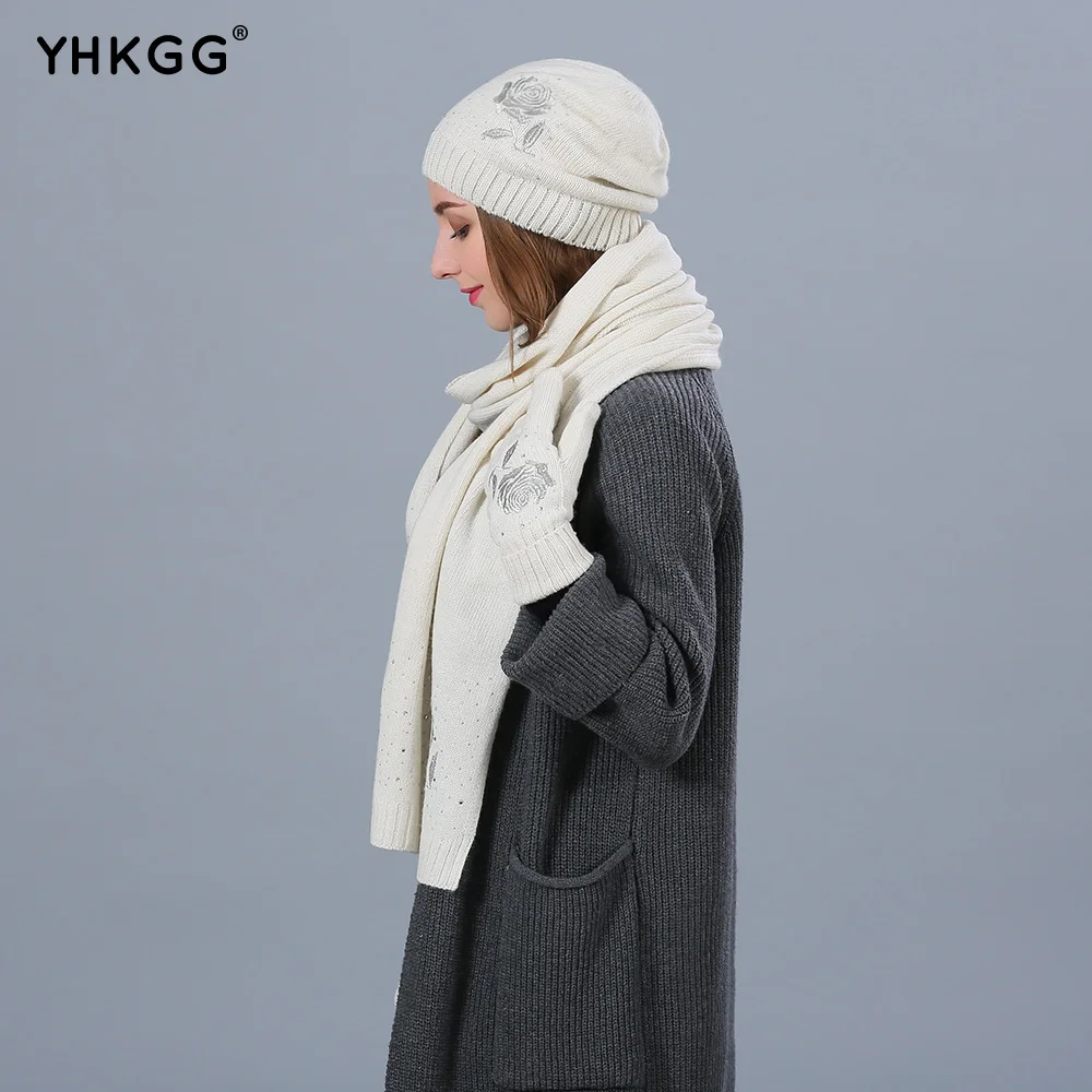 YHKGG 2018 зимние вязаные шапочки шапка шарф комплект для женщин Шапки теплый