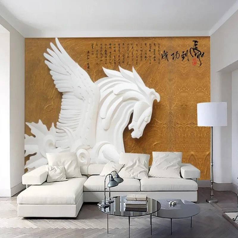 

Beibehang wallpaper background wallpaper room living room TV stereo embossed white jade flying horse horse 3d mural wallpaper