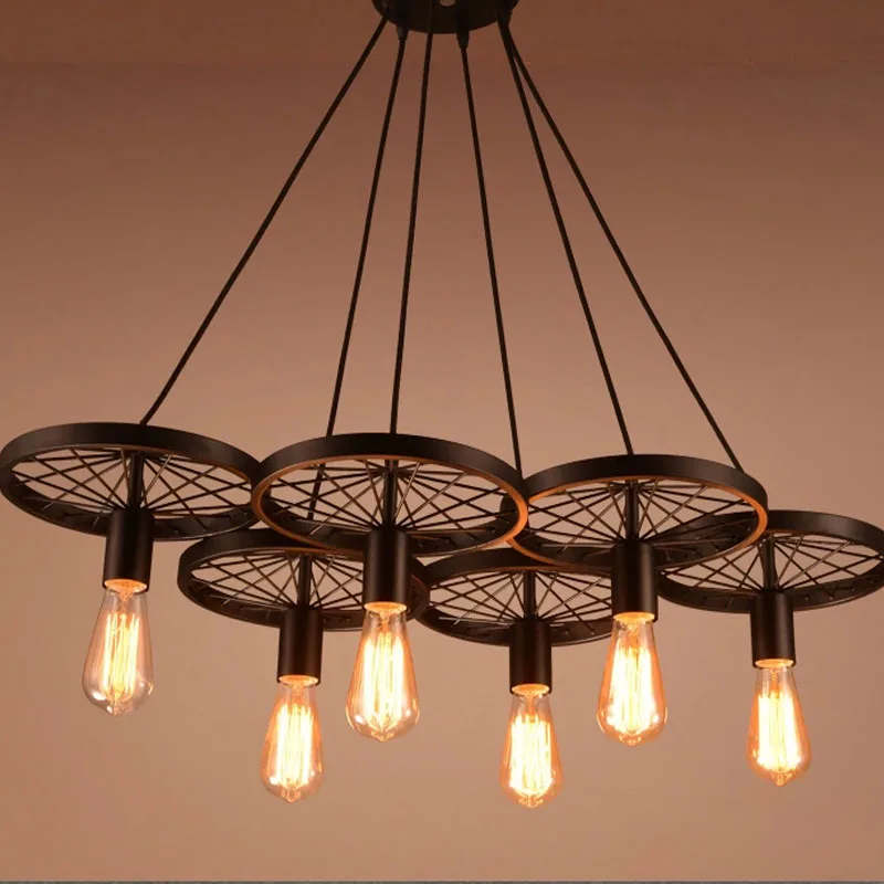 Loft Creative Personality Retro Pendant Lamps Restaurant Bar American Country Wrought Iron Hanging Light Industrial Wheels F9056