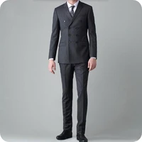 grey men suits for wedding male blazers double breasted groom tuxedos slim fit costume homme terno masculino 2piece coat pants
