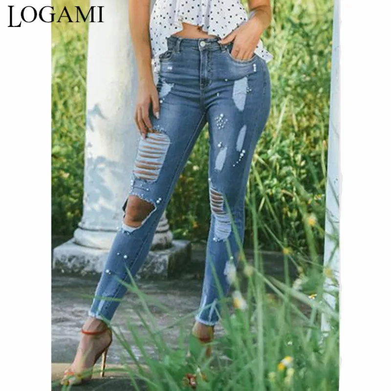 Рваные узкие джинсы LOGAMI Женские джинсы-карандаш с бусинами весна-лето женские