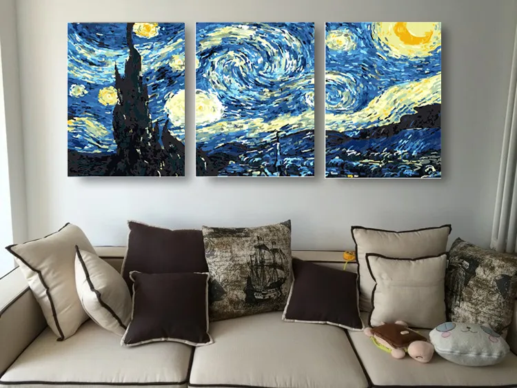 

Масляная краска, картина, раскраска по 100% ручной работы, настенное искусство, холст, домашний декор, 3 шт. в наборе, звездная ночь, Ван Гог, для ...