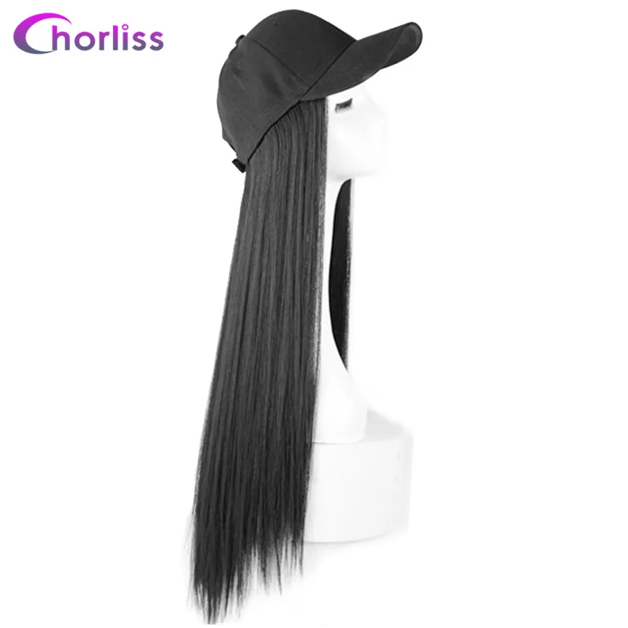 Natural Black Натуральные длинные прямые парики для женщин 20 ''синтетические парики с регулируемой бейсболкой Chorliss утка язык шляпа с волосами Парики - Цвет: Natural Black