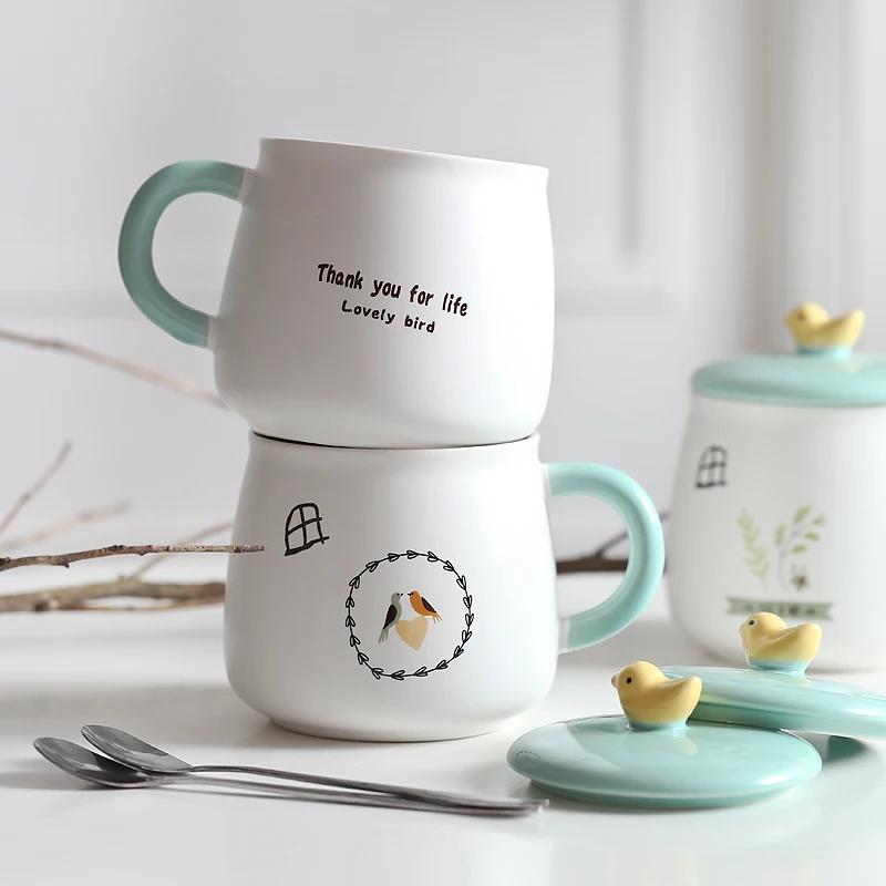 Оригинальная белая керамическая кружка для молока с 3d крышкой и принтом птицы