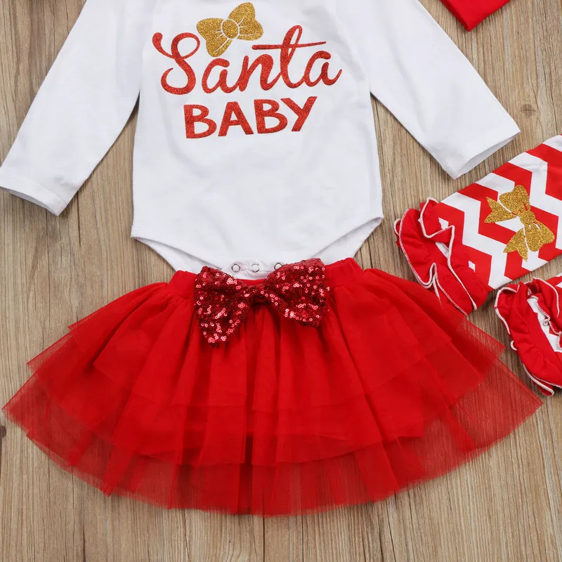 Pudcoco 5pcs/set Girls Christmas Clothes Xmas Newborn Baby Santa Bodysuit Tulle Skirt Leg Warmer Headband Winter Set | Мать и ребенок