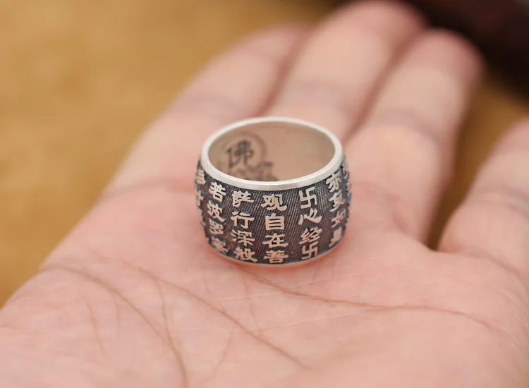 New Buddhist Heart Sutra Ring Real S999 Sterling Silver for Men Women Buddha Ring Vintage jewelry Arrival Thai silver ring