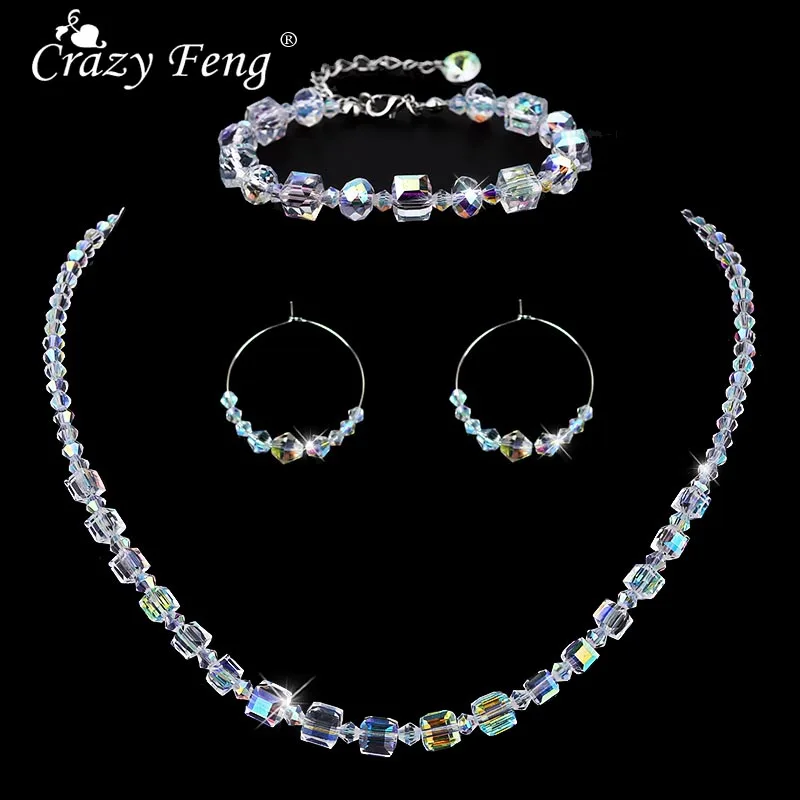 Crazy Feng, модное Хрустальное колье, ожерелье, висячие серьги, Свадебные Ювелирные наборы для женщин, модные вечерние аксессуары, BR+ EA+ NE
