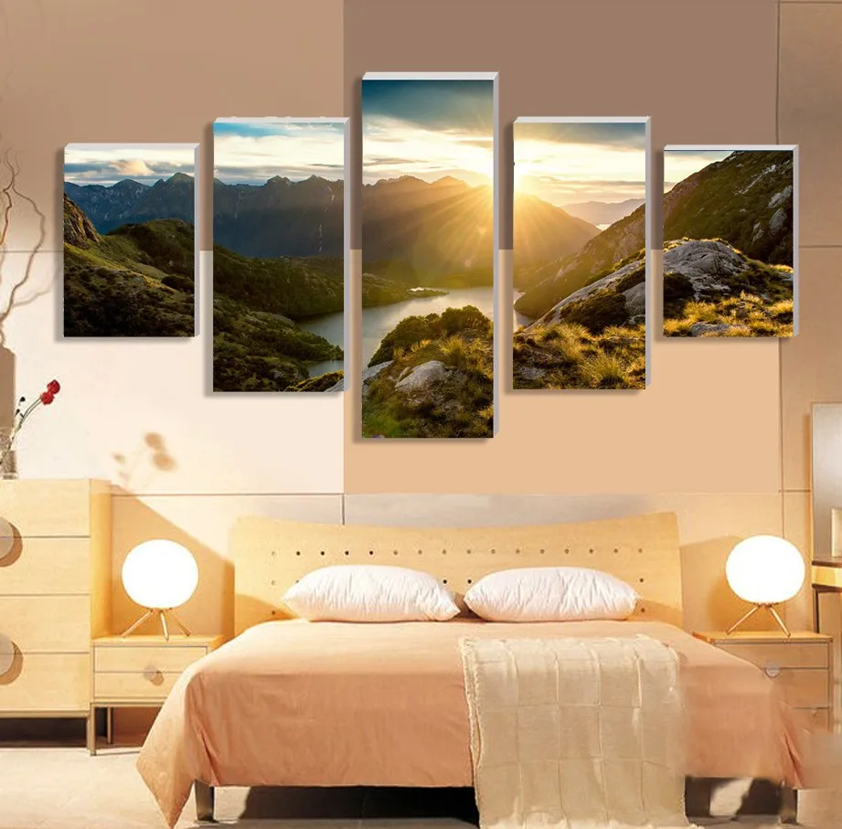 

CLSTROSE Modern Mountain And River Landscape Canvas Painting 5 Pieces Wall Art Spectacular Sunshine Wall Picture For Living Room