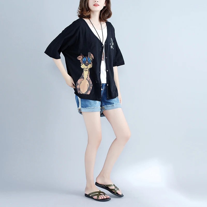 NBHUZEHUA T154 Summer Cardigan Women Blouse Cute Cartoon Solid Cotton Thin Shirt Plus Size 4XL 5XL 6XL Kimonos Black White |