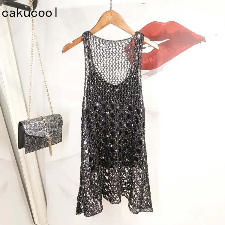 Cakucool Women Sequined Knitted Tank Summer Top Sleeveless Pullover Bling Backless Sexy Blouse Hollow Out Slim Shirt Feminino