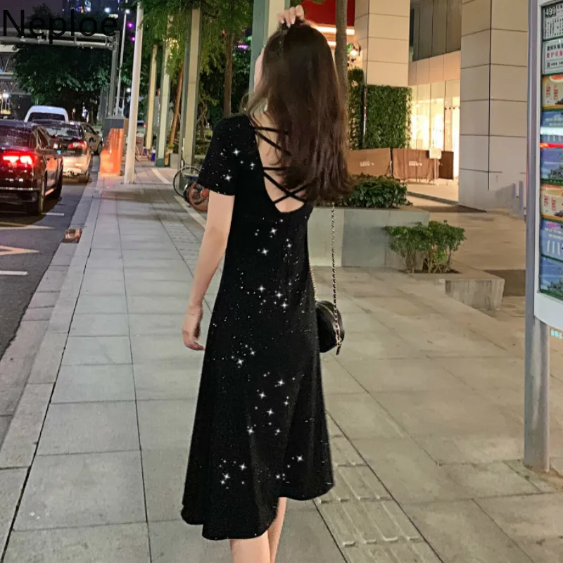 Neploe Bling Cross Drawstring женское платье Лето 2019 новое с круглым вырезом и коротким