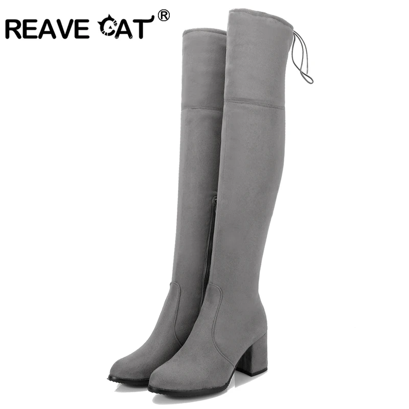 Женские сапоги чулки выше колена REAVE CAT черные серые из микрозамши ботфорты на