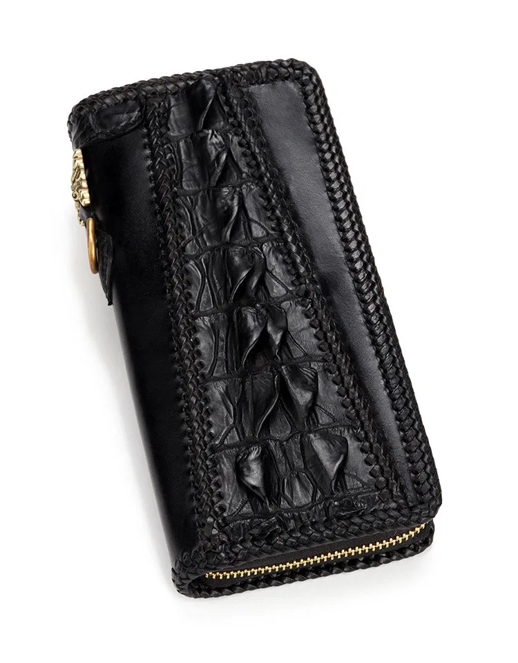 

Vintage Handmade Knitting Men Genuine Leather Card Holder Alligator Wallets Black Purses Clutch Vegetable Tanned Leather Walle