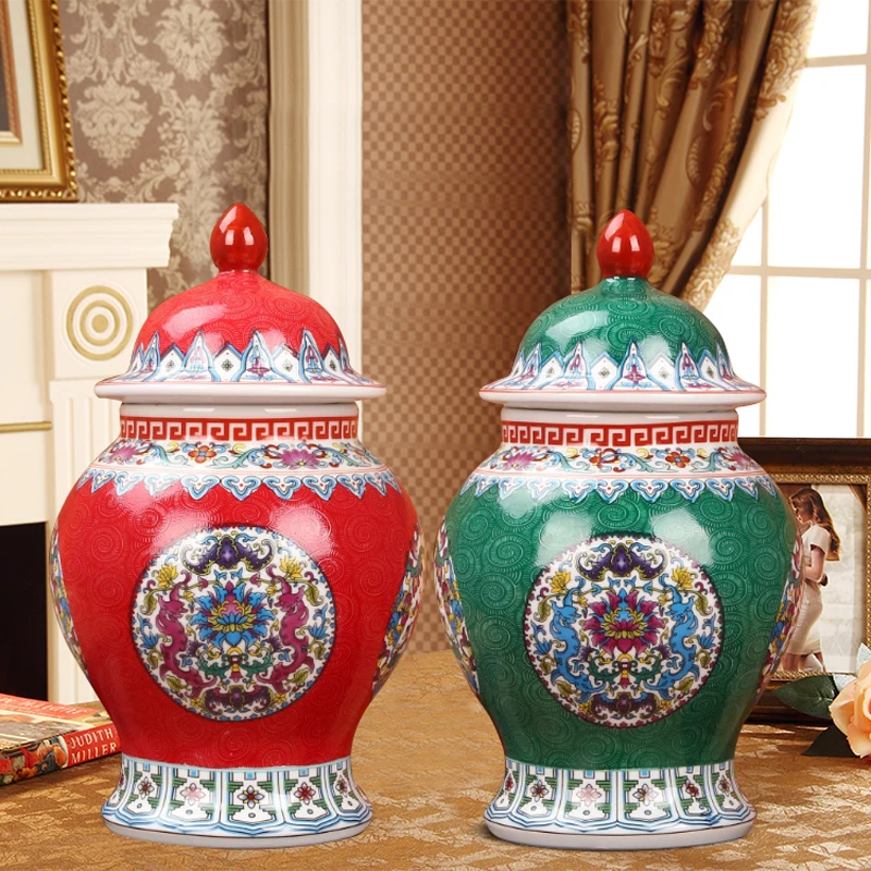 Antique Enamel Ceramic General Tank Vase Royal Flowers Hat-covered Ginger Jars Ornament Creative Gift ginger jar