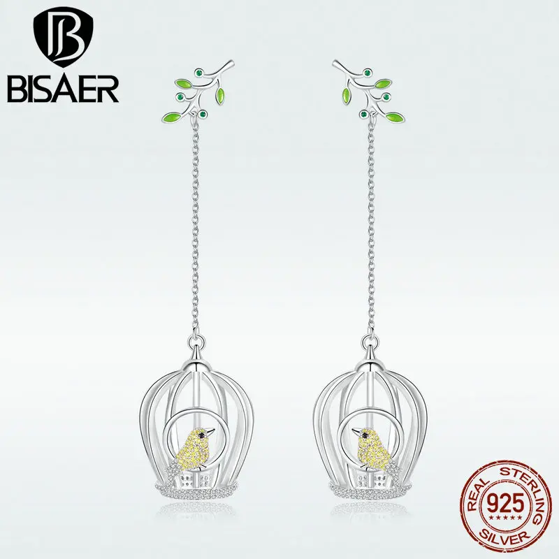 BISAER уникальные серьги 925 пробы серебряная клетка для канареек Висячие серьги для женщин вечерние Роскошные ослепительные аксессуары GCE003