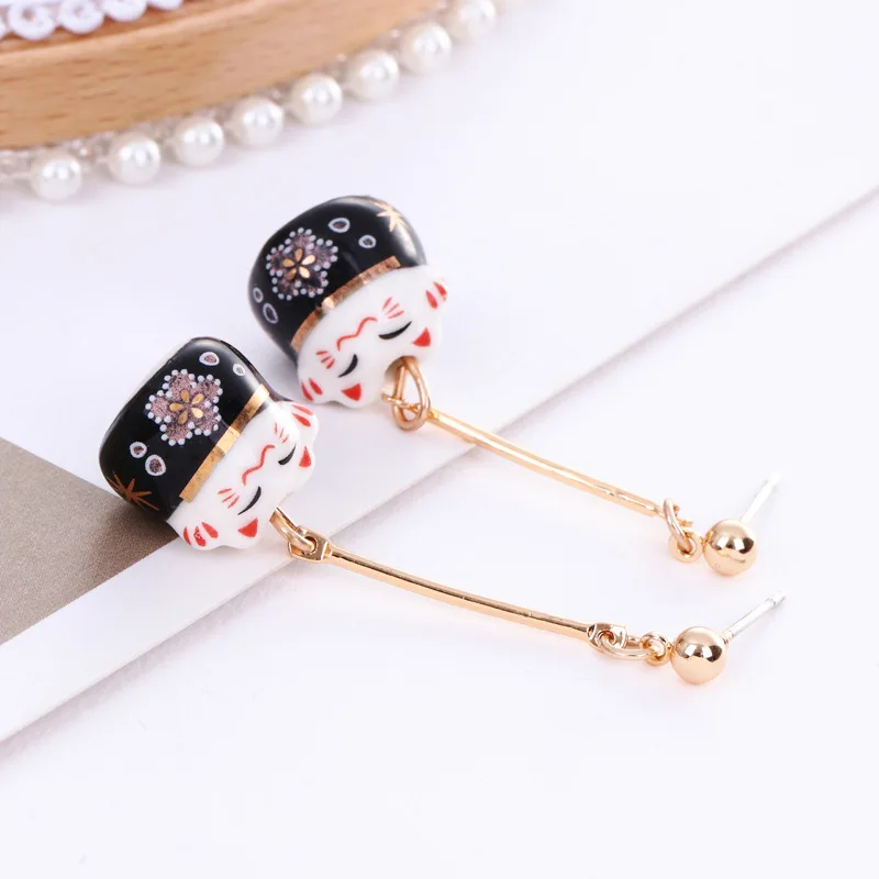 Фарфоровые серьги подвески с кисточками Fortune Cat милыми животными|Серьги-подвески|