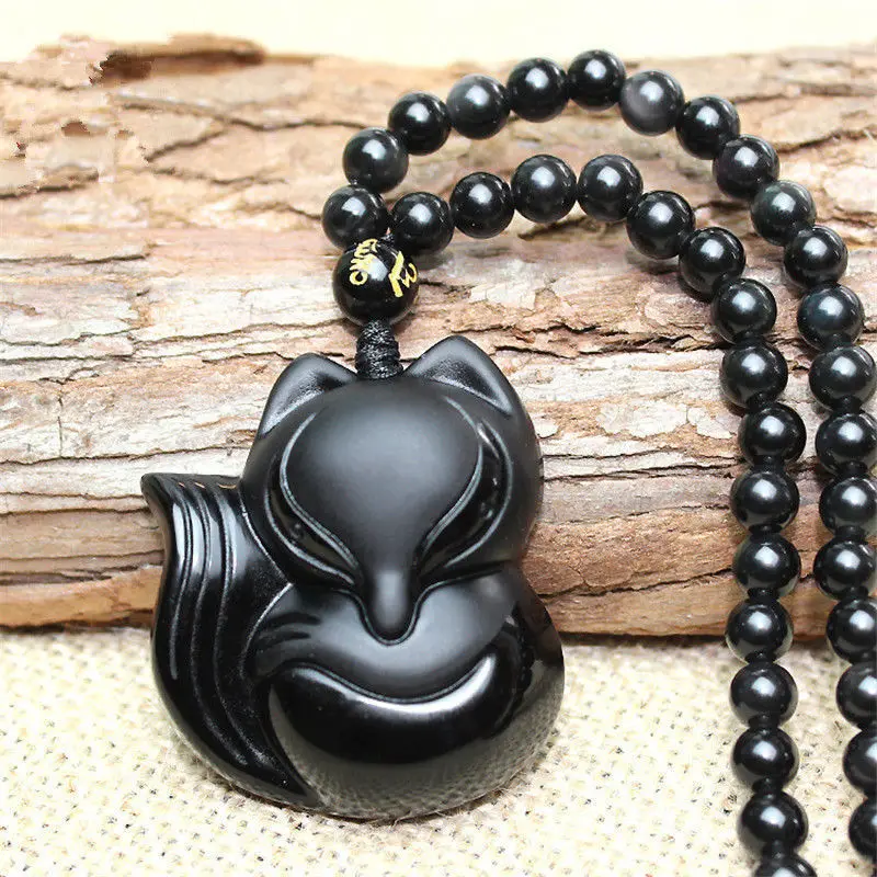 100% Natural Black Obsidian Hand Carved Big Cute Fox Lucky Pendant + Necklace | Украшения и аксессуары